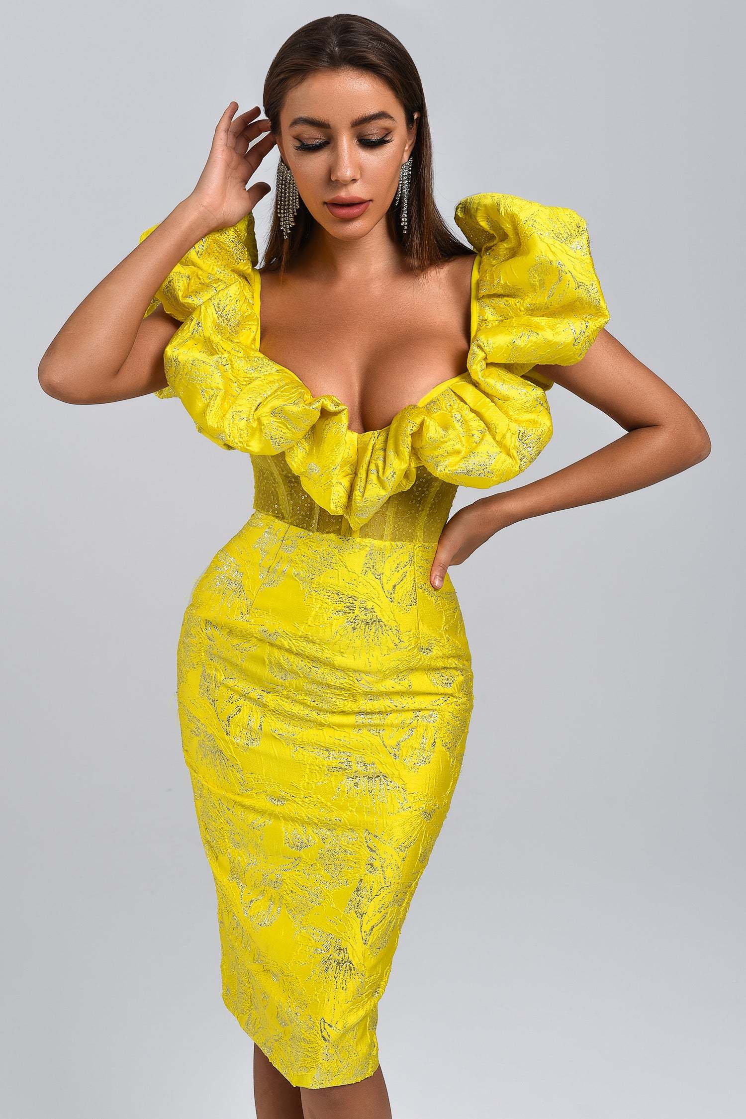 Jacquard Off Shoulder Midi Dress - Yellow