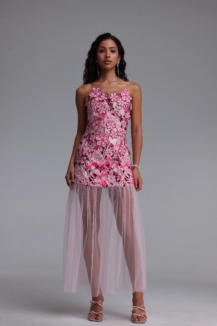 Raxa Exquisite Cinched-Waist Embroidered Floral Midi Dress
