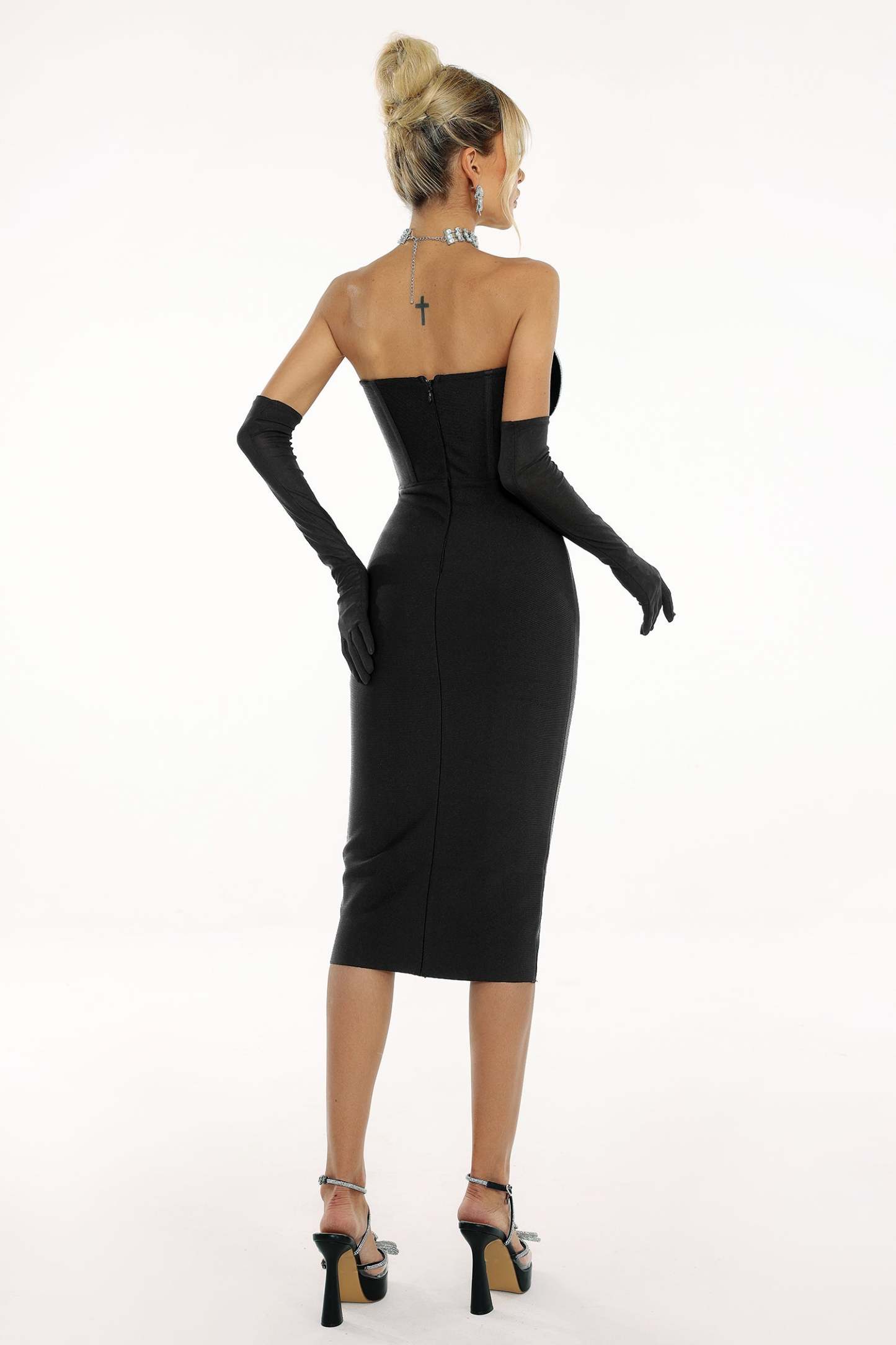 Pom Diamante Strapless Bandage Dress