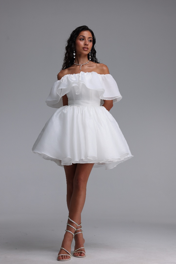 Uercia Elegant Cinched-Waist Ruched Organza Voluminous Mini Dress