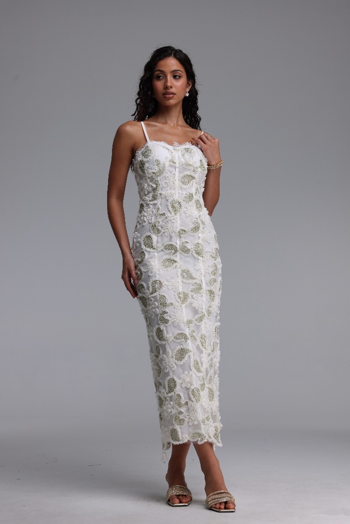 Rivka Exquisite Cinched-Waist Spaghetti Strap Paisley Embroidered Maxi Dress