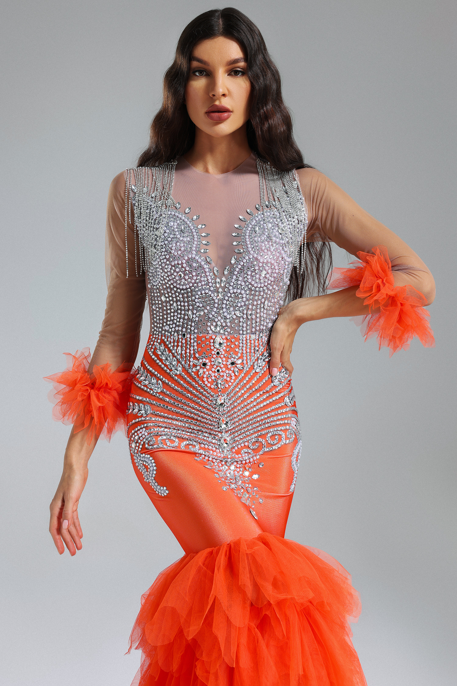 Rae Diamante Mesh Fishtail Maxi Dress