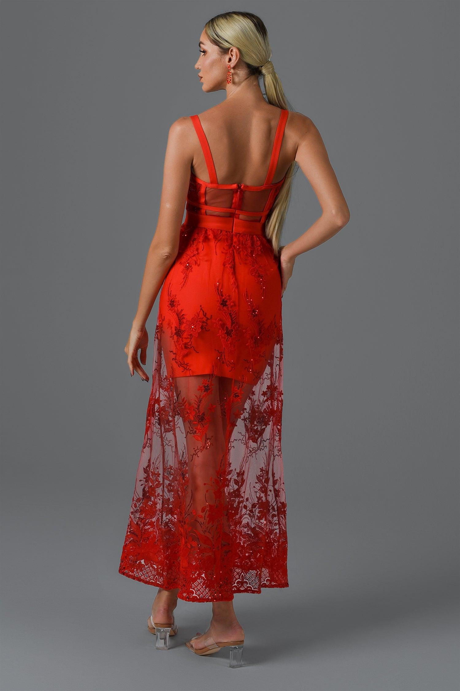 Rogo Lace Maxi Bandage Dress - Red - Bellabarnett