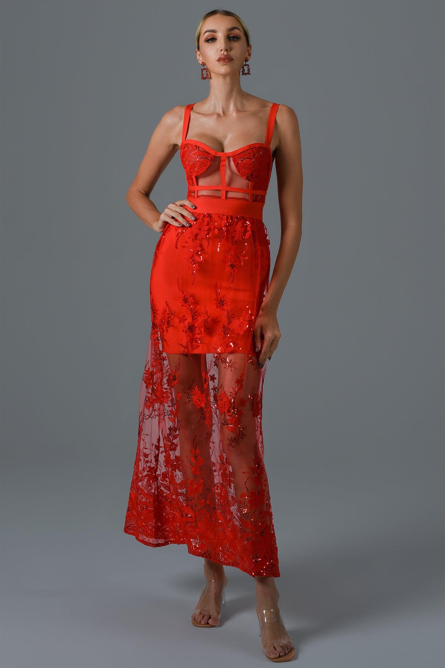 Rogo Lace Maxi Bandage Dress - Red - Bellabarnett