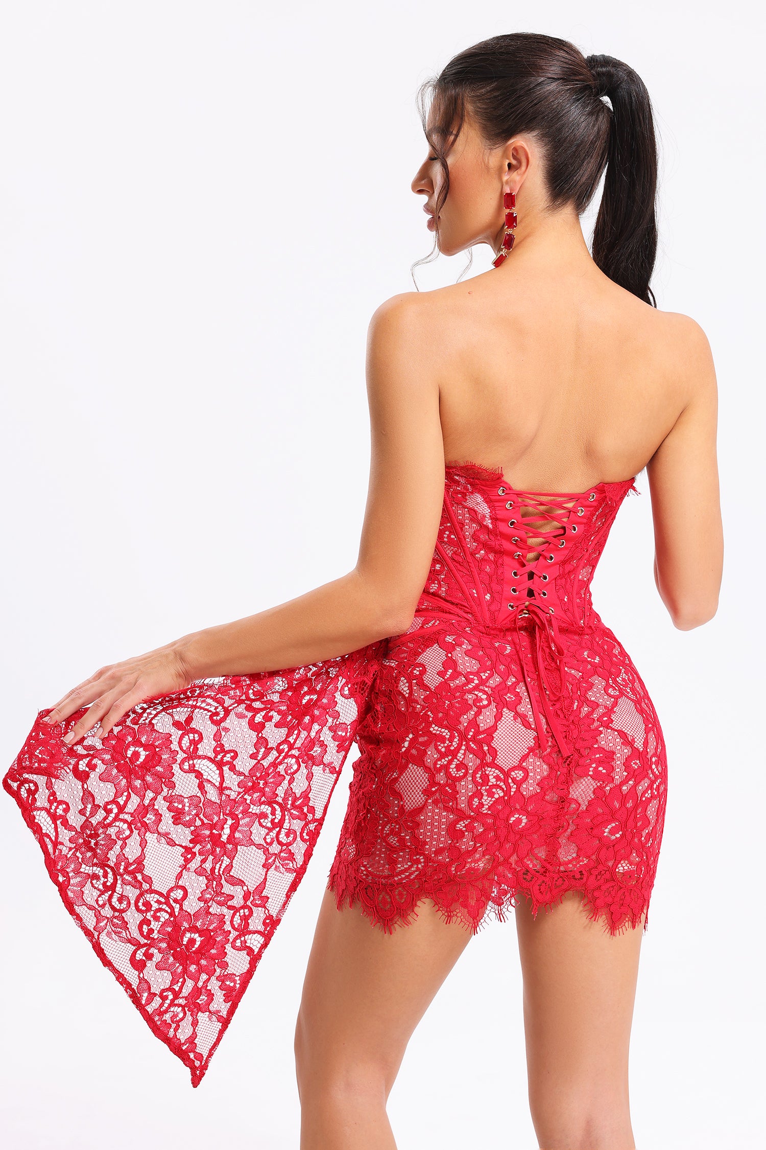 Rosel Asymmetric Lace Mini Dress-Red