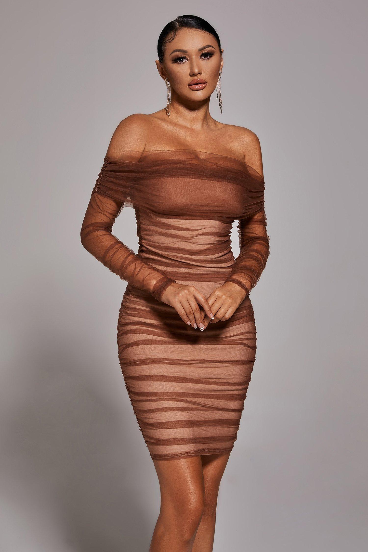 Rowena Ruched Mesh Bandage Midi Dress - Bellabarnett