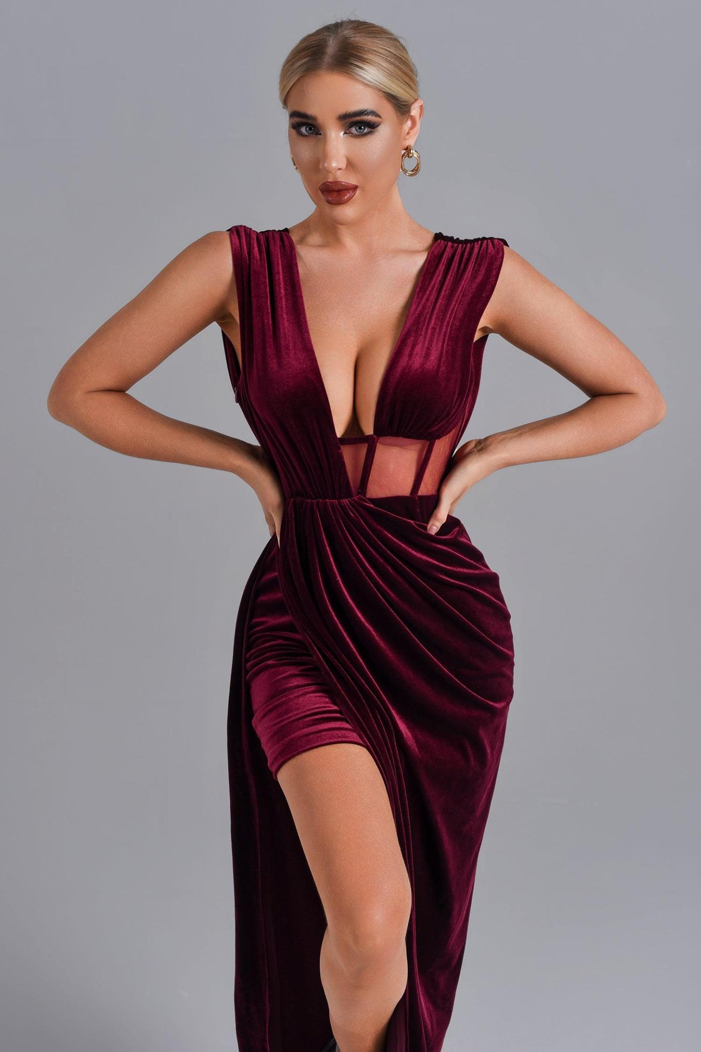 High Slit Velvet Maxi Evening Dress - Red - Bellabarnett