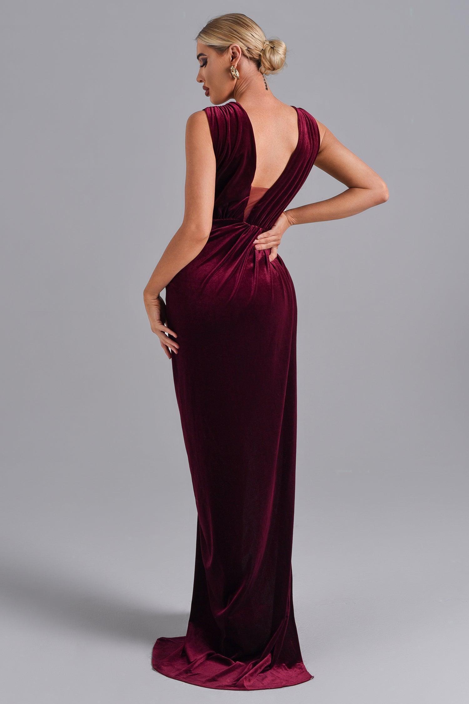 High Slit Velvet Maxi Evening Dress - Red - Bellabarnett