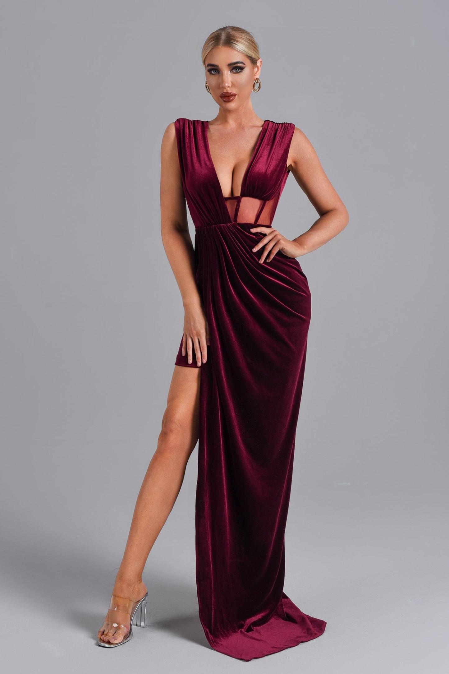 High Slit Velvet Maxi Evening Dress - Red - Bellabarnett