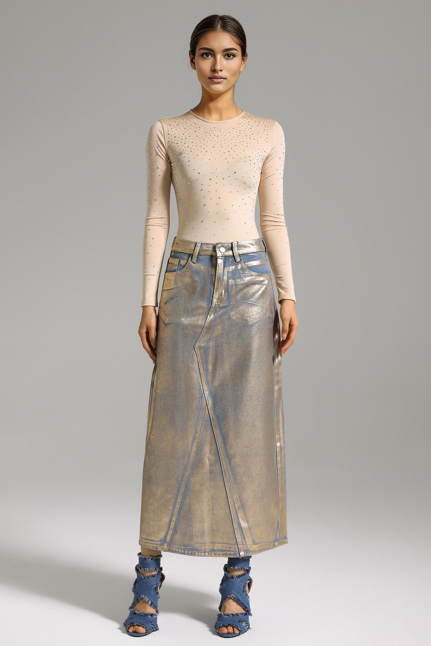Sagona Metallic Midi Denim Skirt