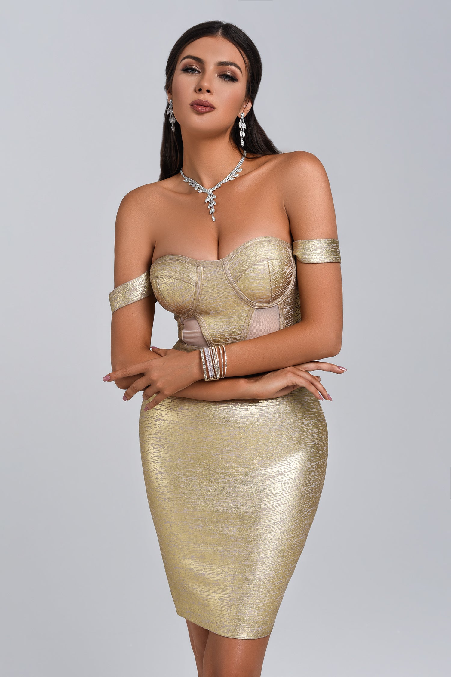 Sakari Off Shoulder Metallic Cocktail Dress - Gold - Bellabarnett