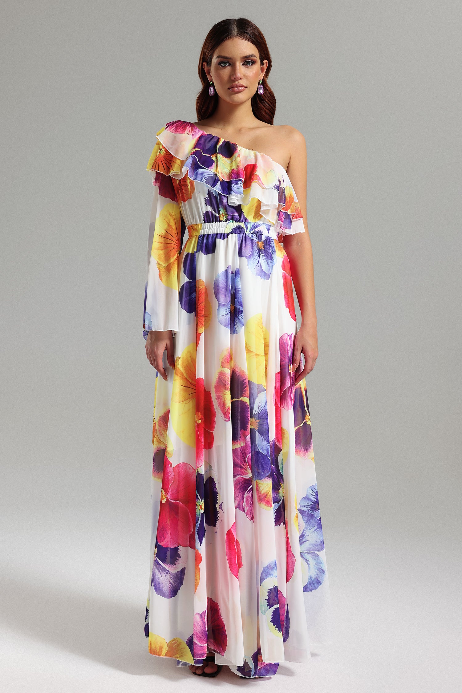 Salina One Sleeve Printed Mesh Maxi Dress