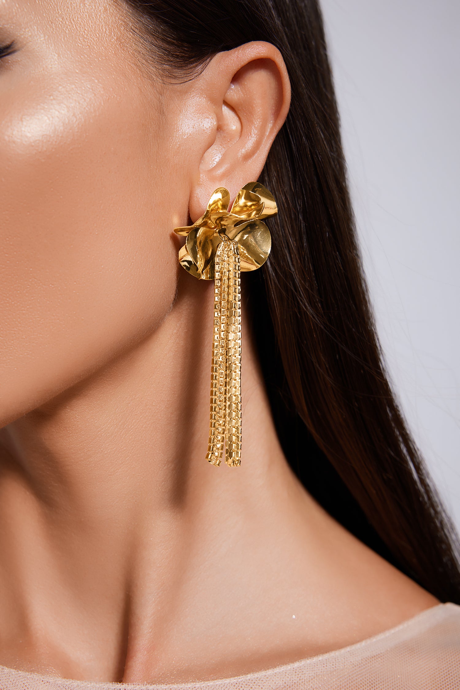 Saniyah Metallic Flower Diamante Fringe Earrings