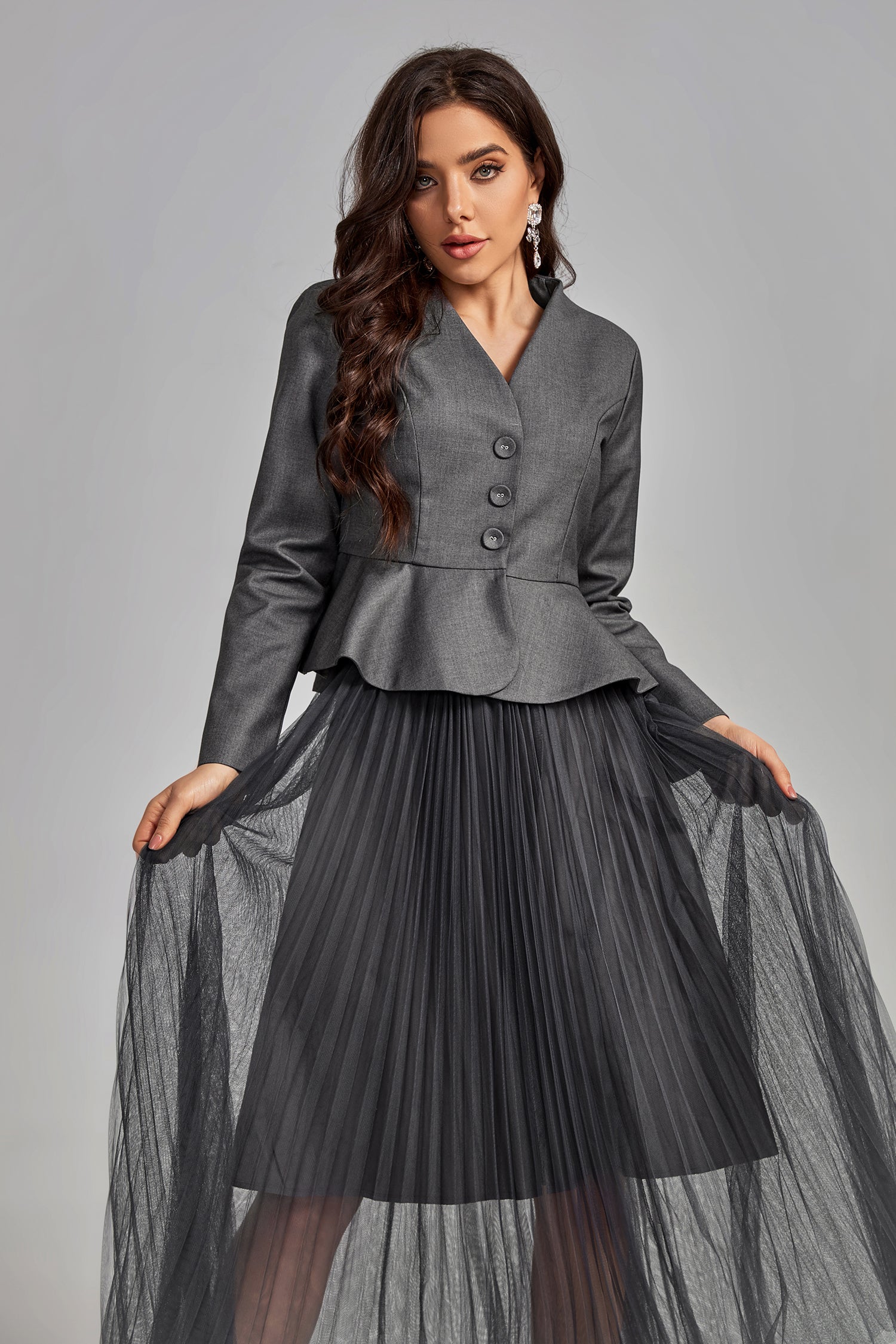 Savira Short Flared Blazer Pleated Gauzy Skirt Set