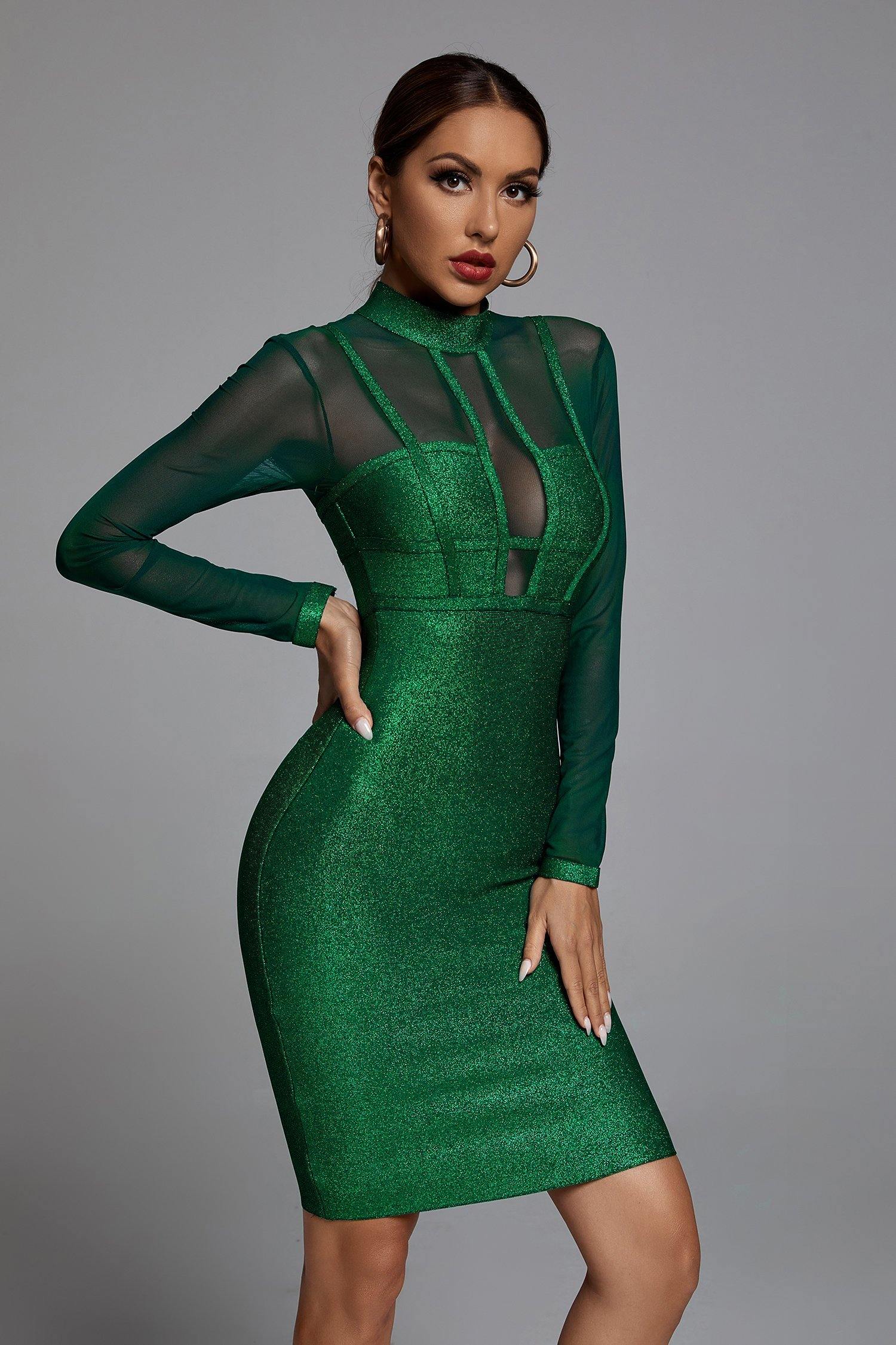 Shimmer Long Sleeve Bandage Dress In Green - Bellabarnett