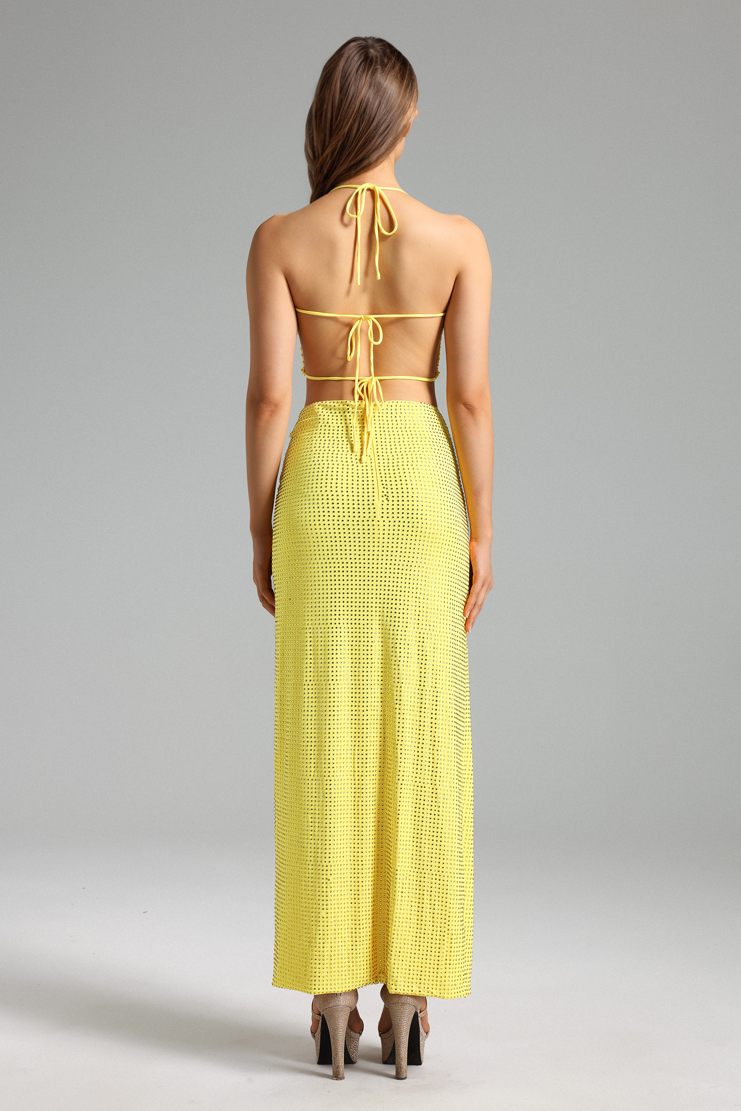 Solvia Halter Diamante Pleated Set - Yellow