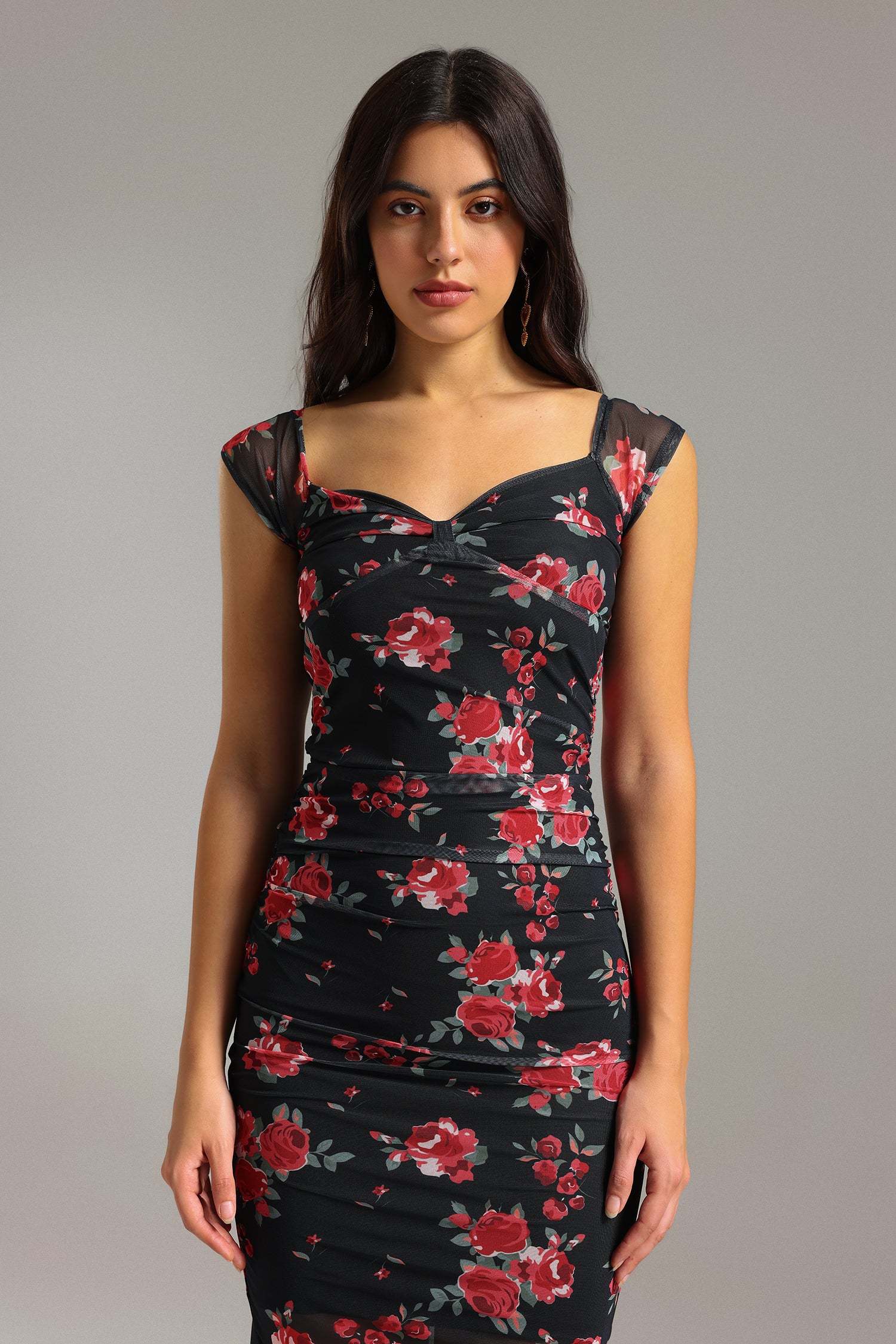 Soren Ruched Print Mesh Dress