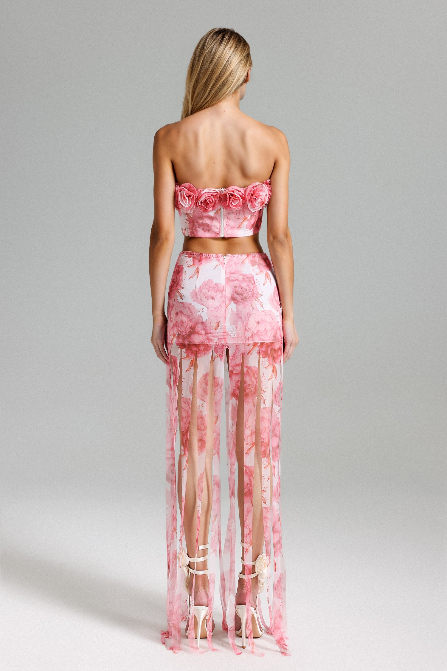 Sparkly Floral Print Top Fringe Skirt Set