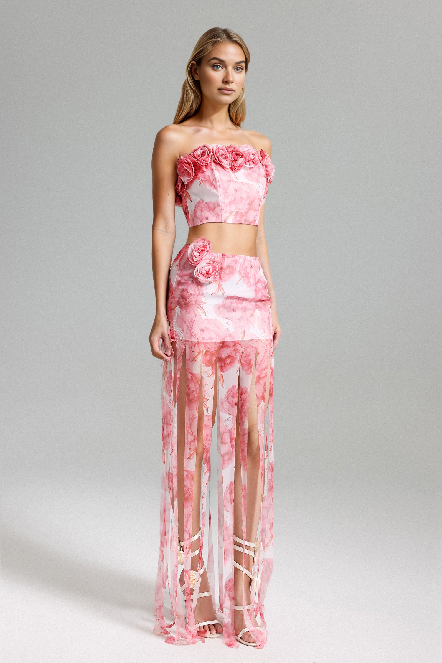 Sparkly Floral Print Top Fringe Skirt Set