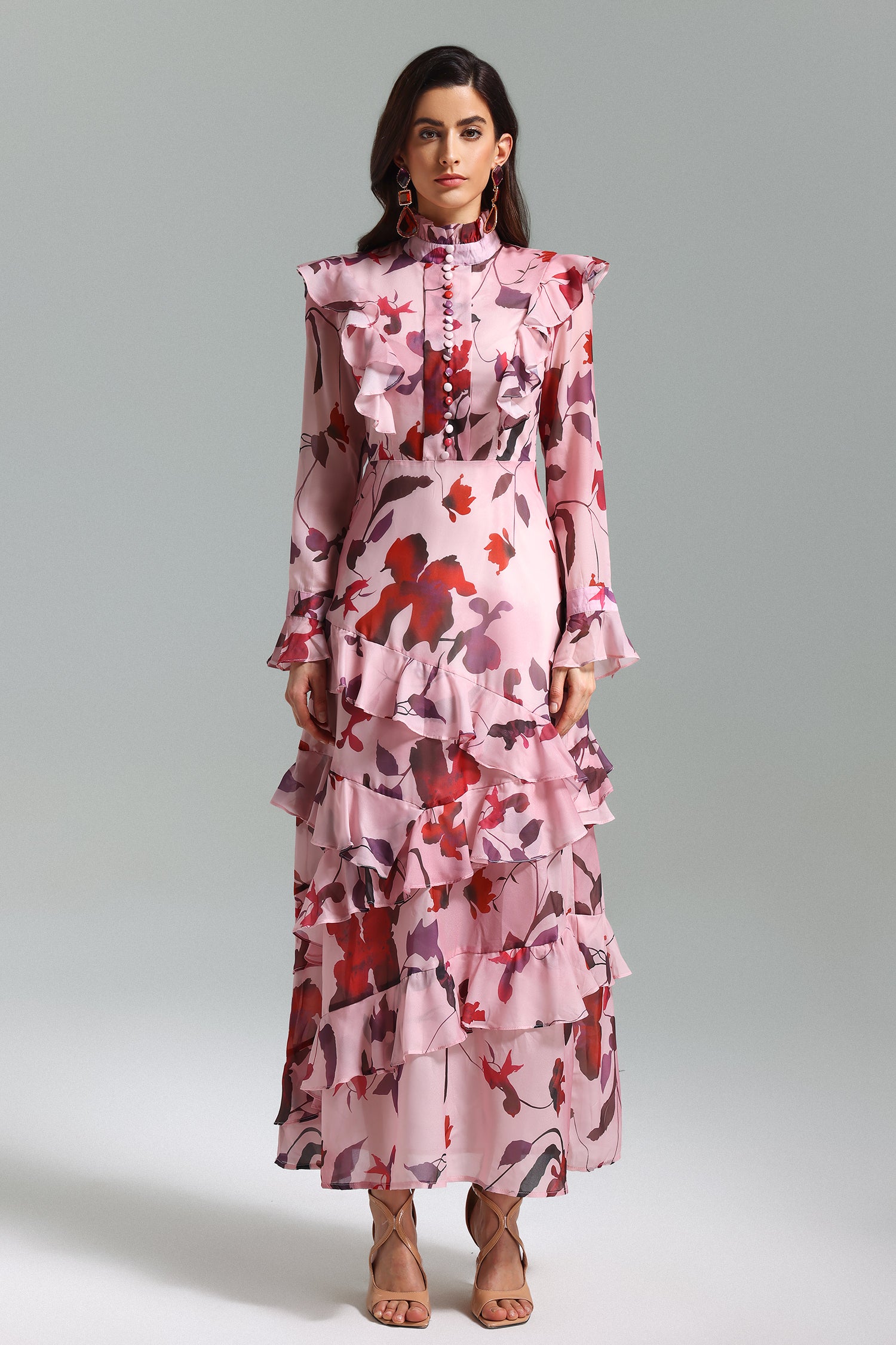 Steffi Flower Pinted Ruffled Maxi Dress