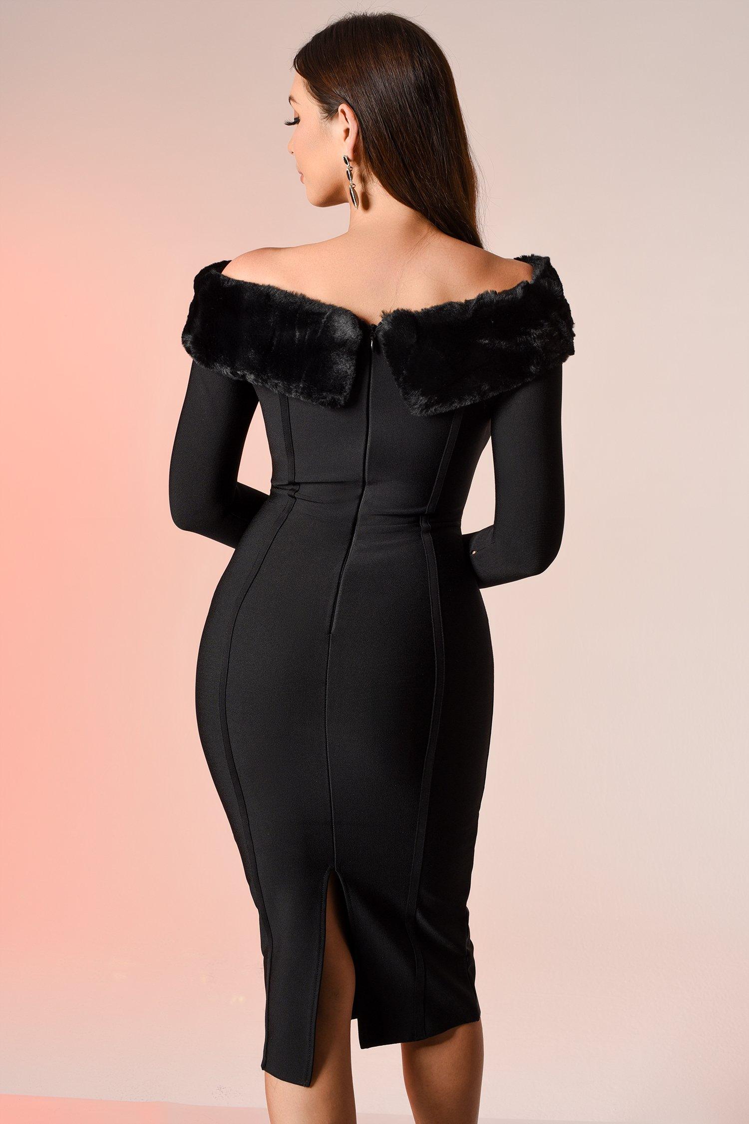 Taina Off Shoulder Midi Bandage Dress - Black - Bellabarnett