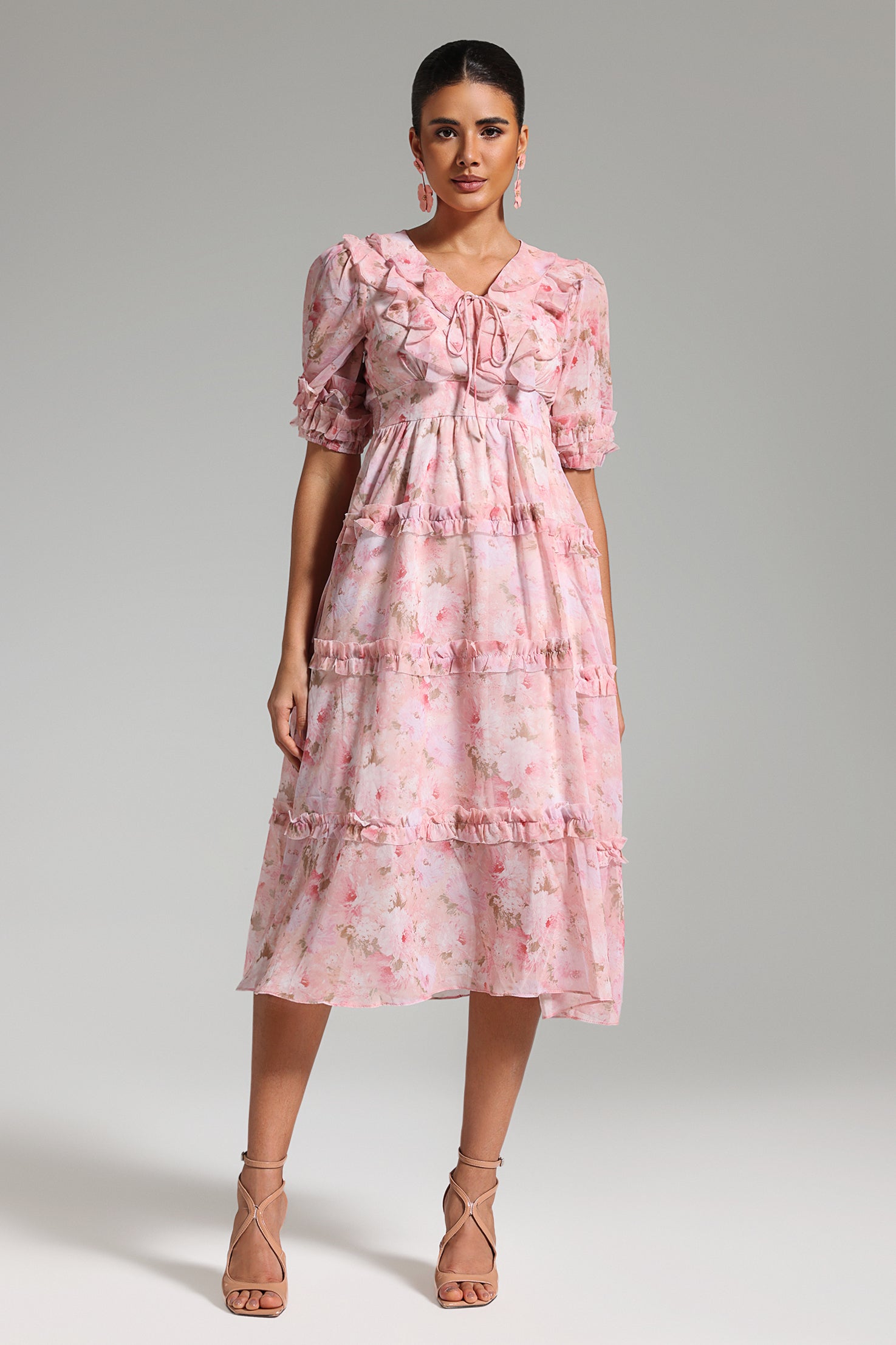 Tanya Puff Sleeves Floral Midi Dress