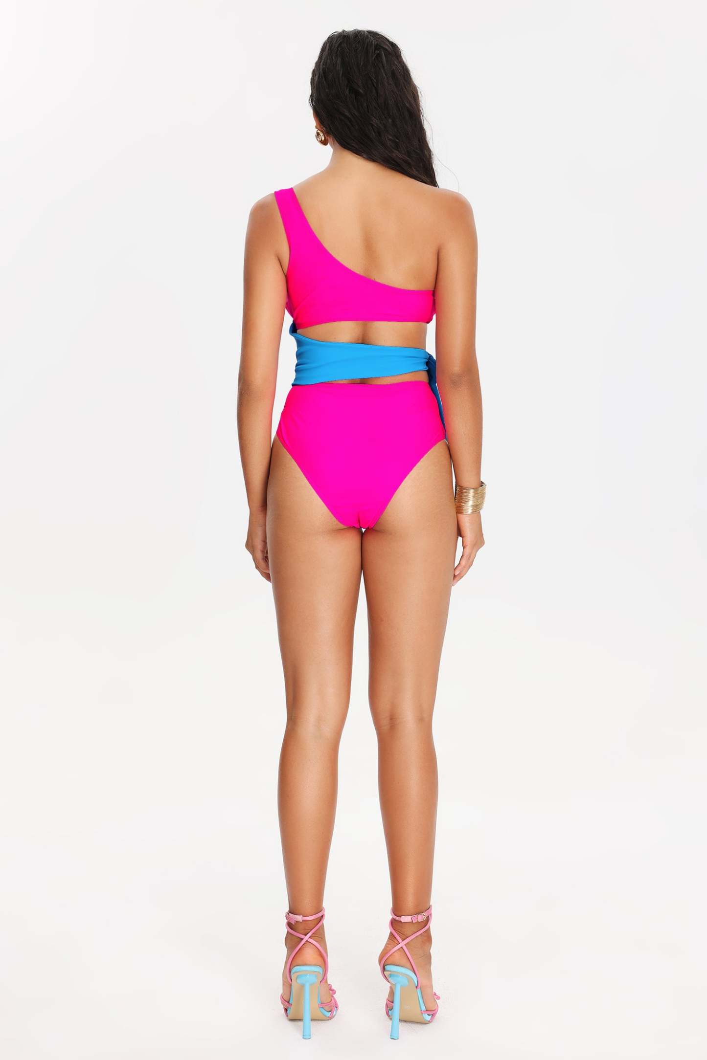 Tine Contrast Color One Shoulder Swimsuit