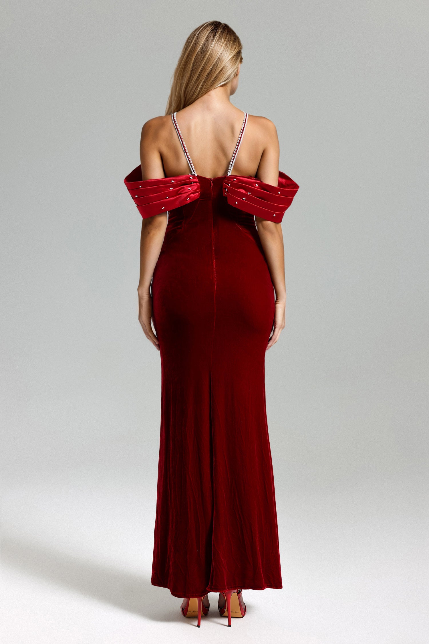 Tove Off Shoulder Velvet Maxi Dress - Red