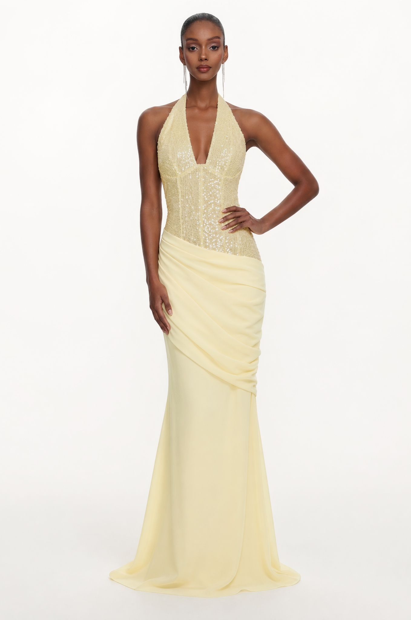 Theodora Chic Contour V Neck Halter Ruched Sequin Yellow Maxi Dress
