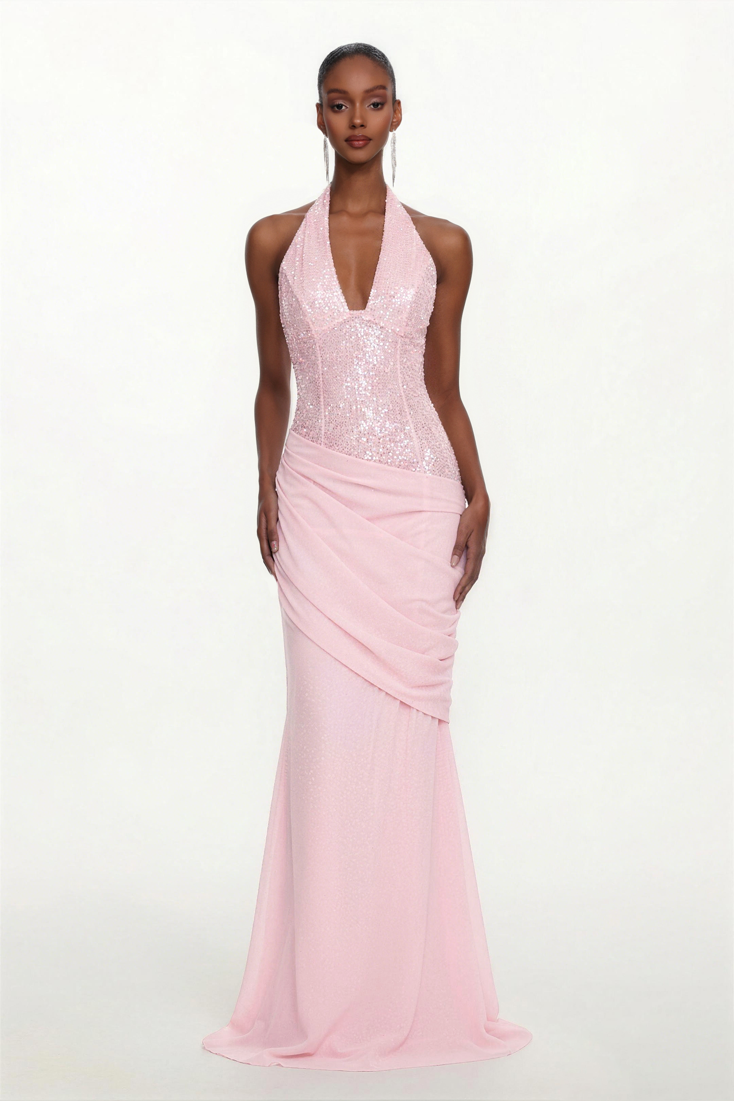 Theodora Chic Contour V Neck Halter Ruched Sequin Pink Maxi Dress