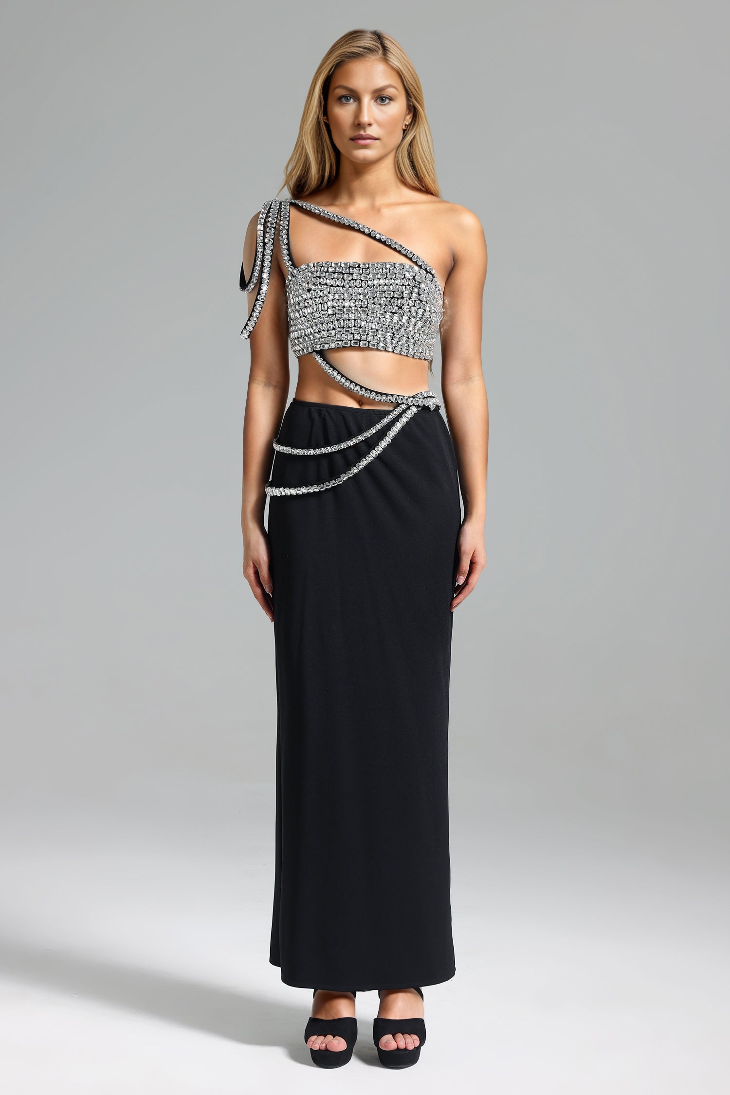 Vlafa Diamante One Shoulder Top Skirt Set