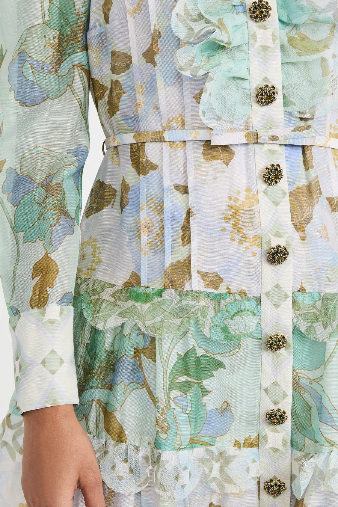 Printed Long Puff Sleeve Turtleneck Tiered Ruffle Hem Midi Dress