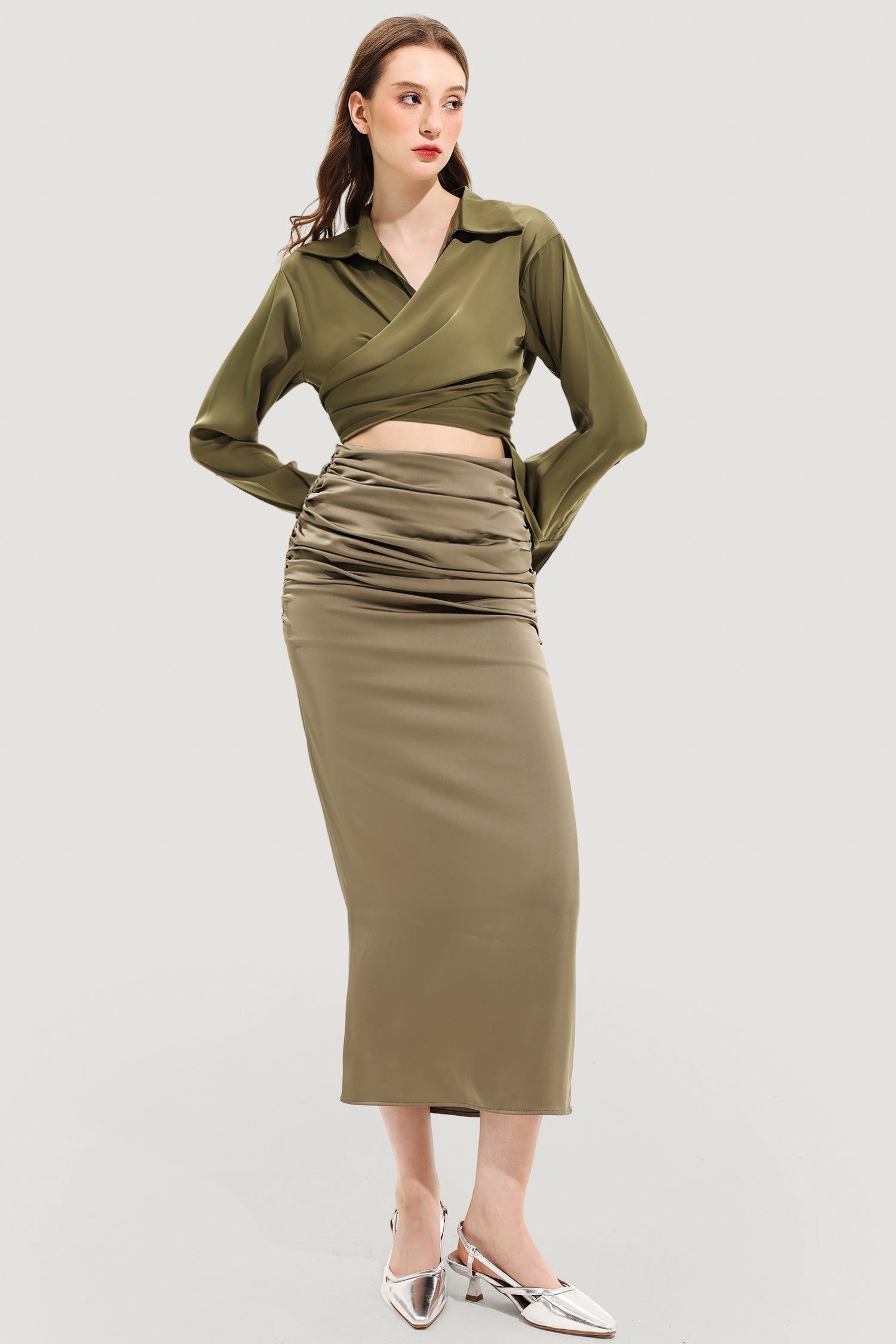 Long Sleeve Lapel Wrapped Silk Shirt Maxi Dress Set Olive