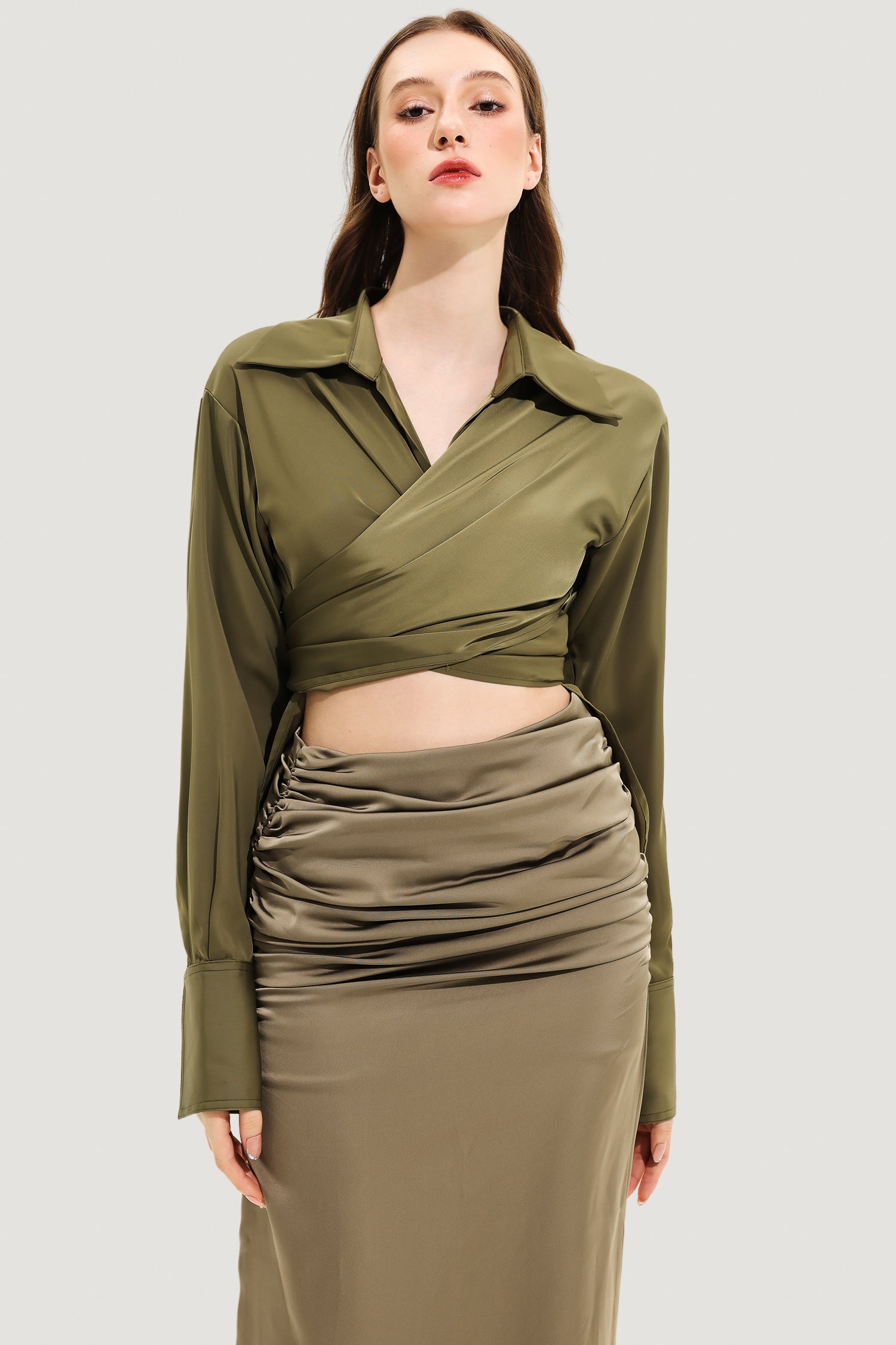 Long Sleeve Lapel Wrapped Silk Shirt Maxi Dress Set Olive