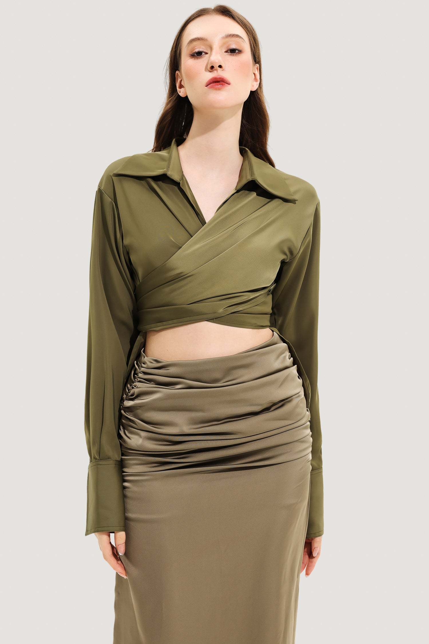 Long Sleeve Lapel Wrapped Silk Shirt Maxi Dress Set Olive