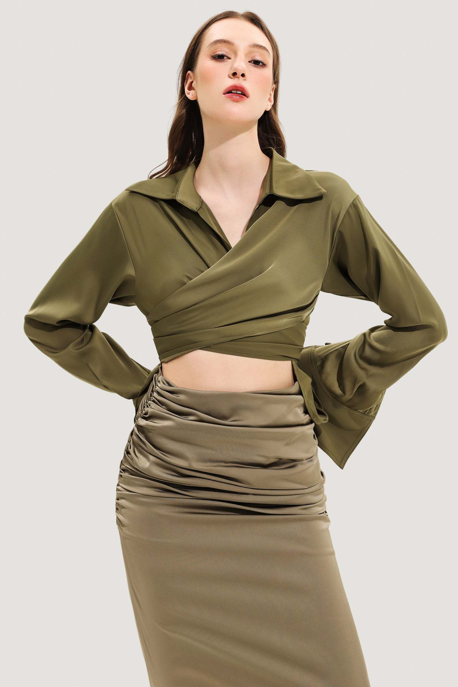 Long Sleeve Lapel Wrapped Silk Shirt Maxi Dress Set Olive