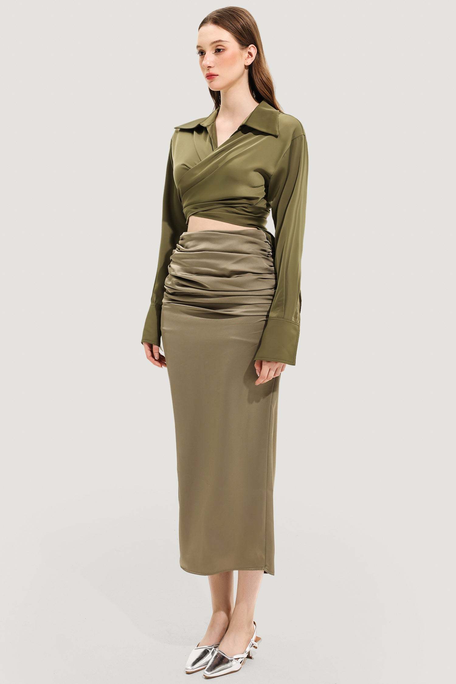 Long Sleeve Lapel Wrapped Silk Shirt Maxi Dress Set Olive