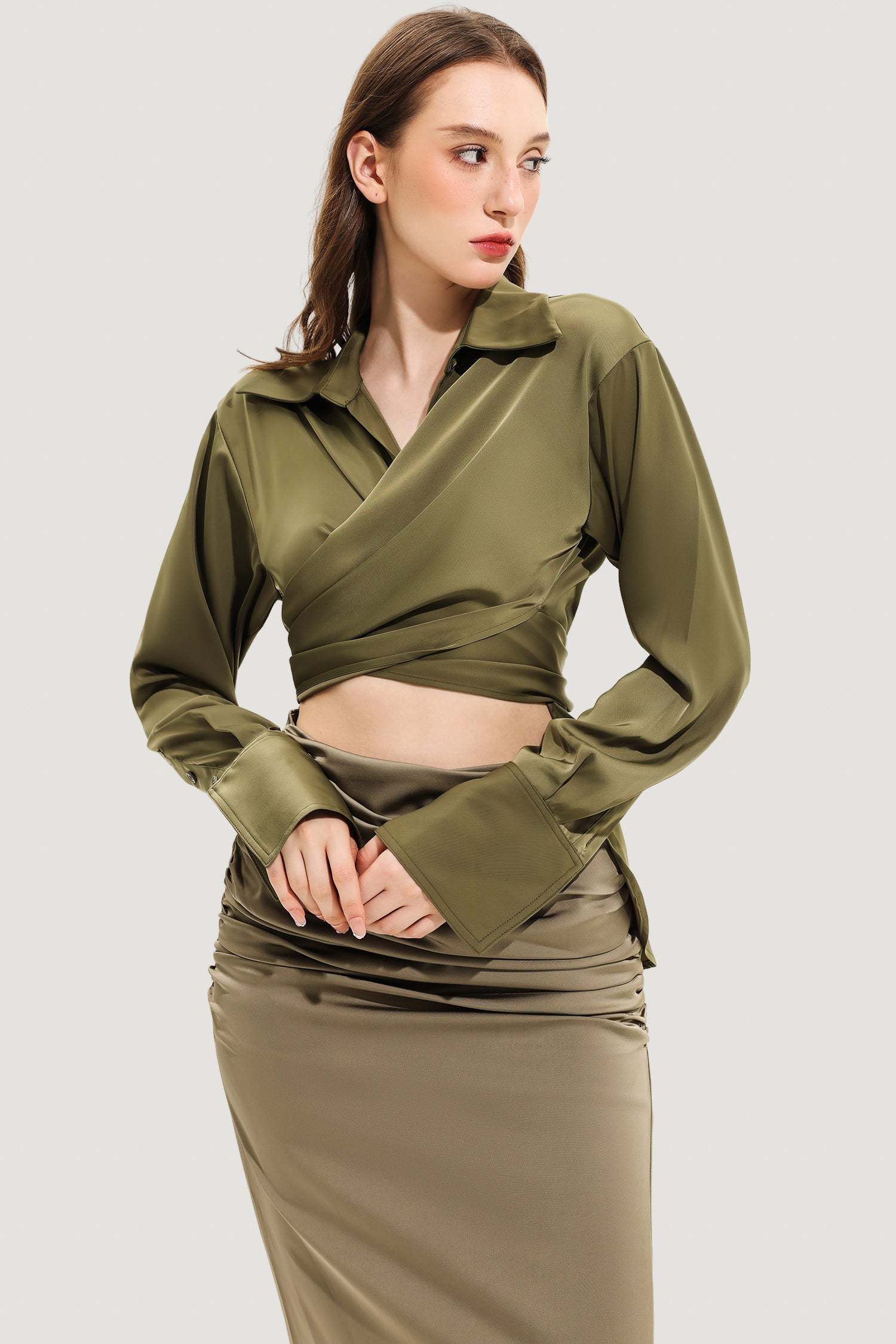 Long Sleeve Lapel Wrapped Silk Shirt Maxi Dress Set Olive