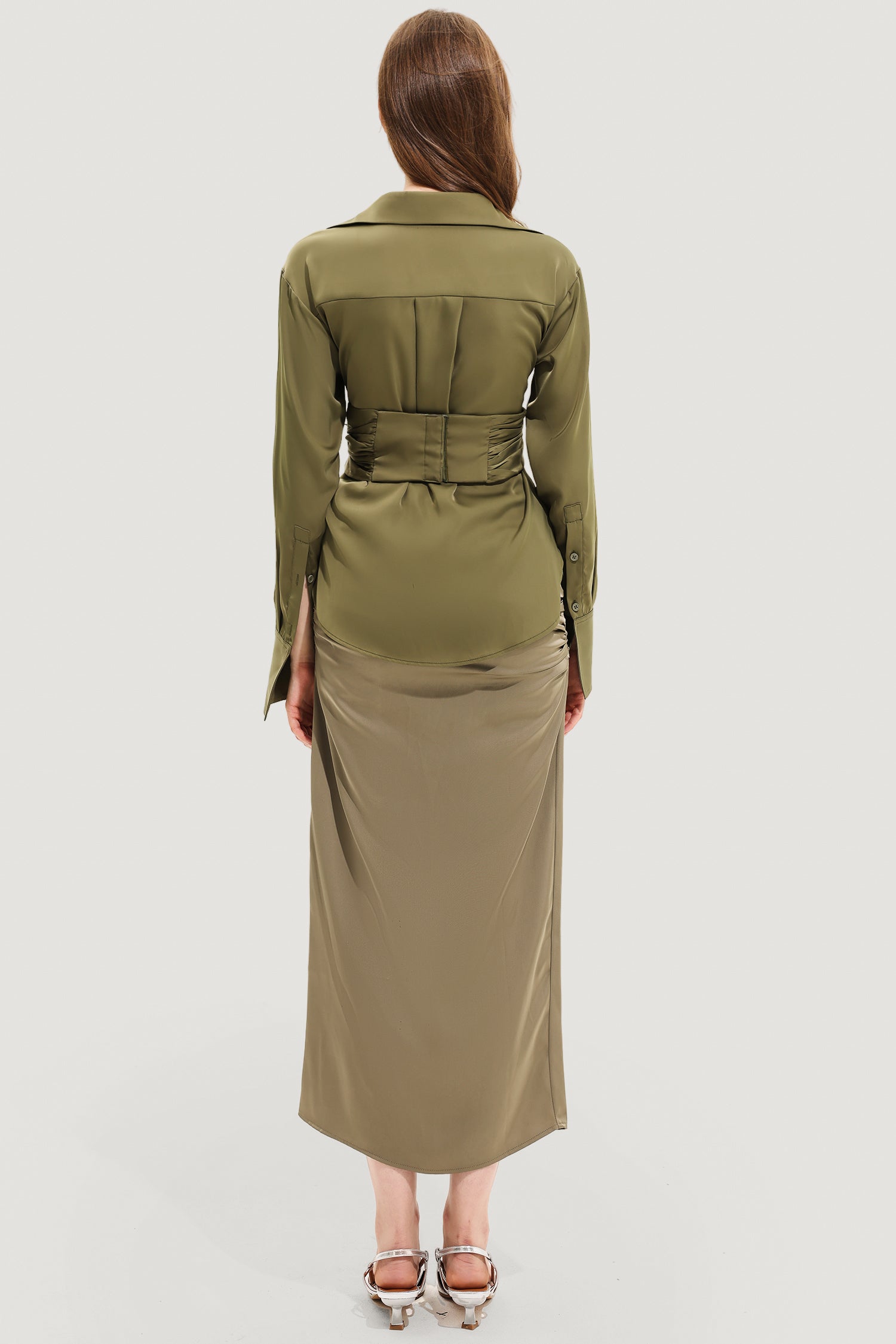 Long Sleeve Lapel Wrapped Silk Shirt Maxi Dress Set Olive