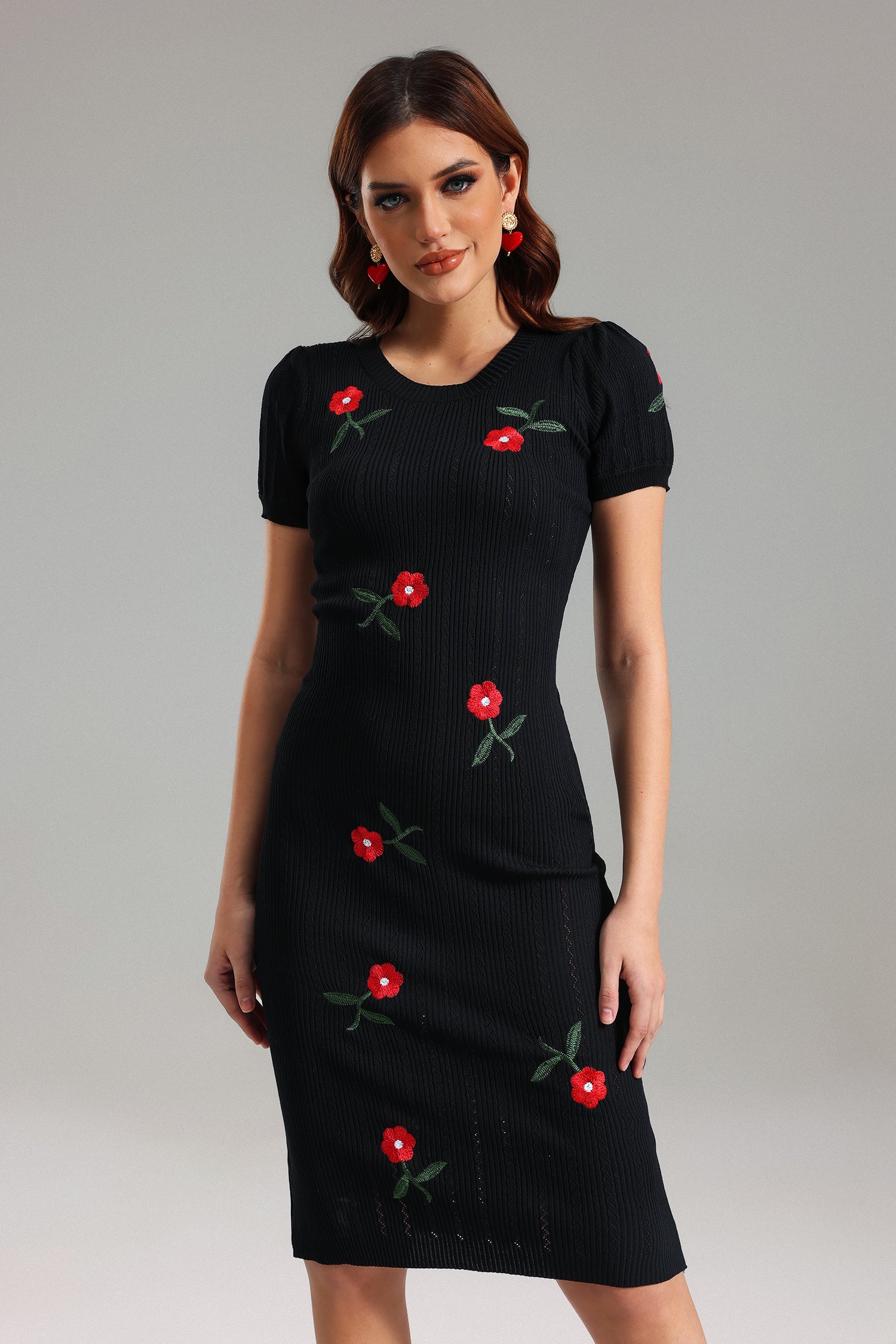 Wanda Puff-Sleeves Knitted Midi Dress