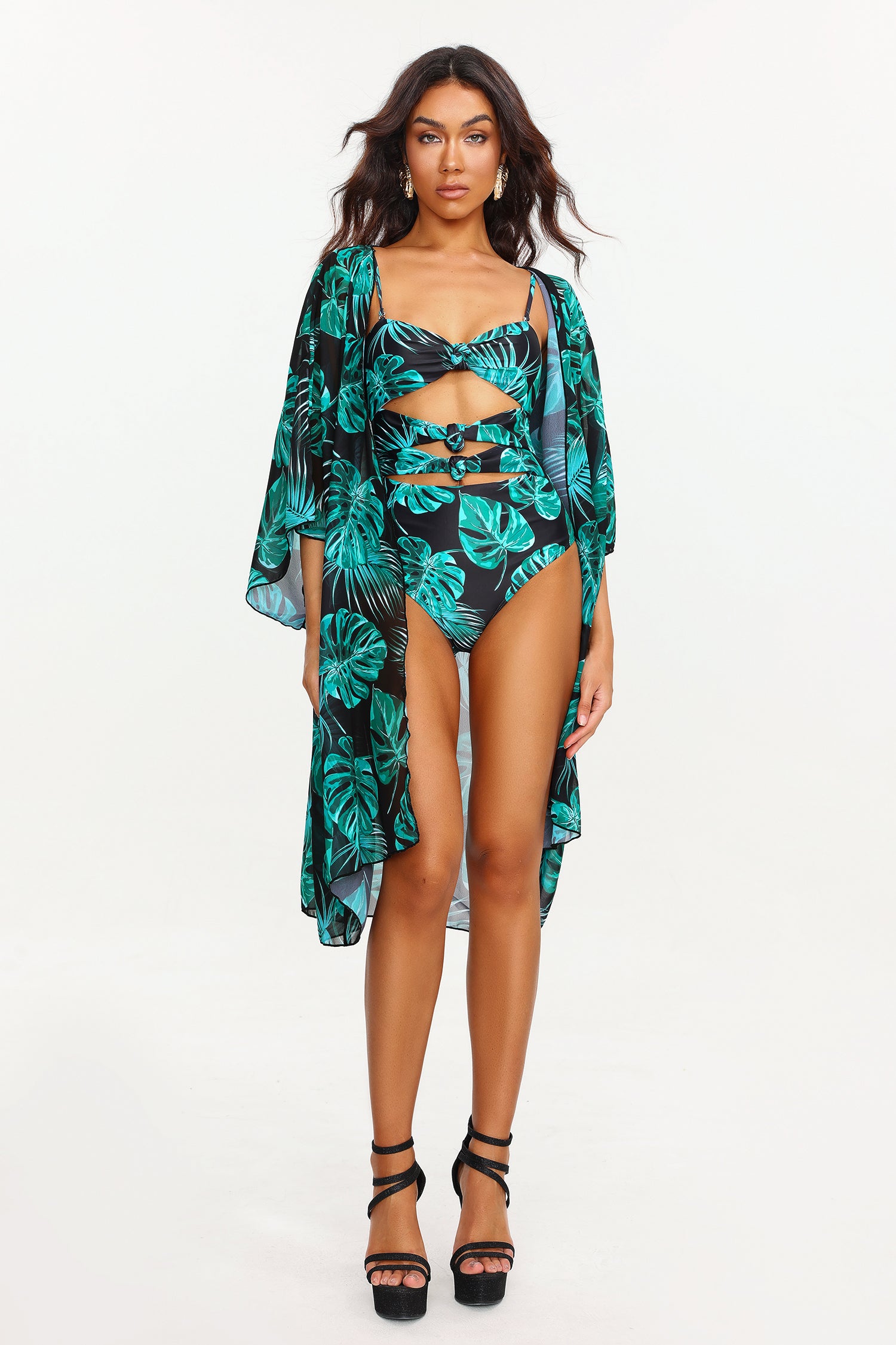 Xanty Leaf Print Cut Out Swimsuit Two Piece Set