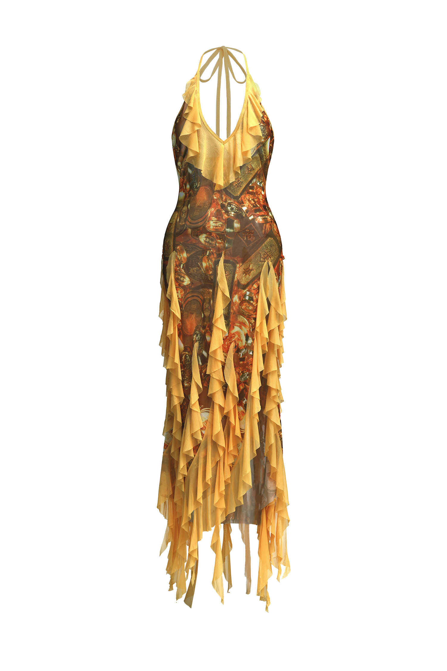 Uri Halter Sleeveless Flounce Printing Maxi Dress