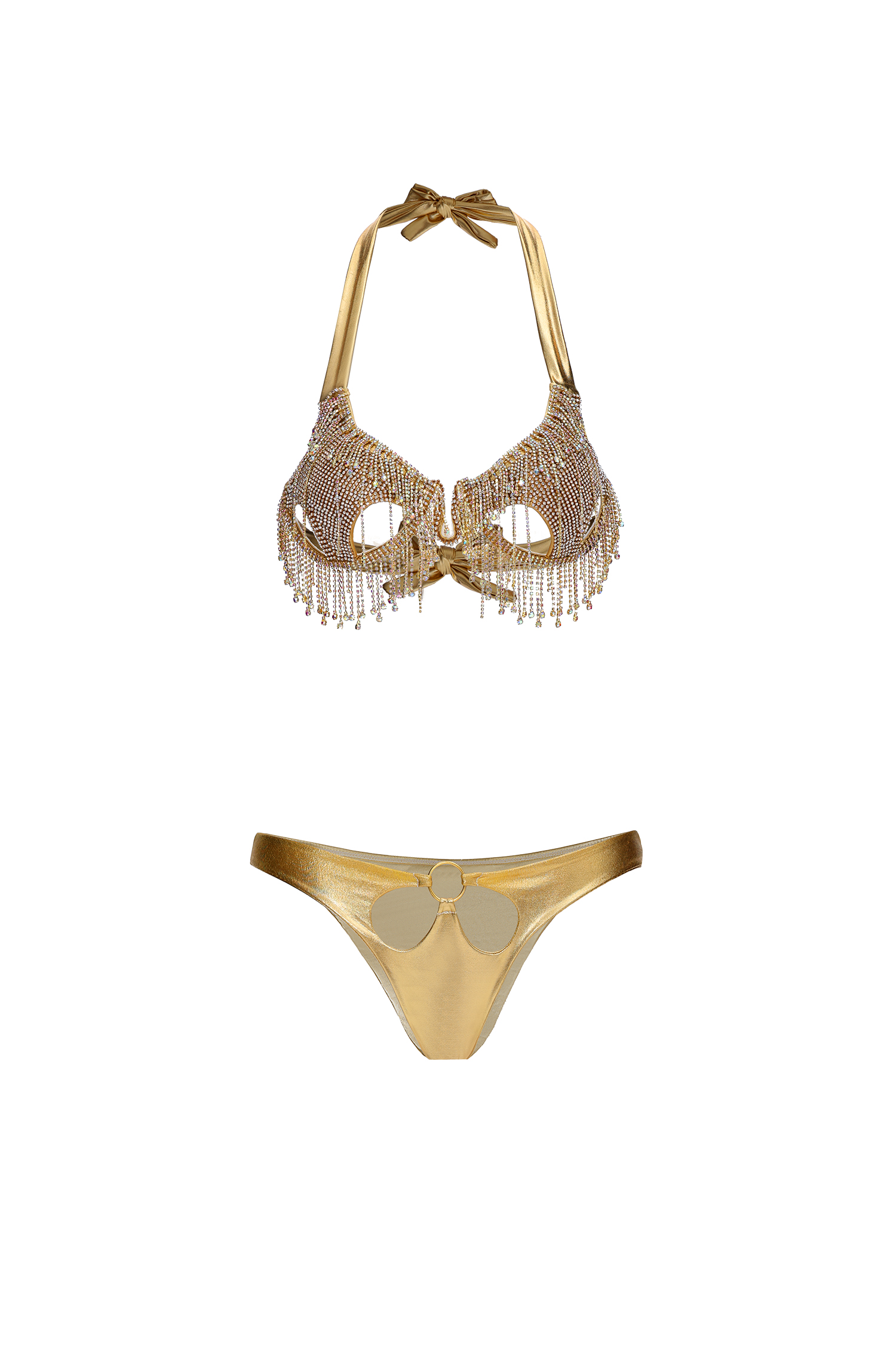Vernes Glamorous Rhinestone Fringe Cut Out Metallic Bikini Set