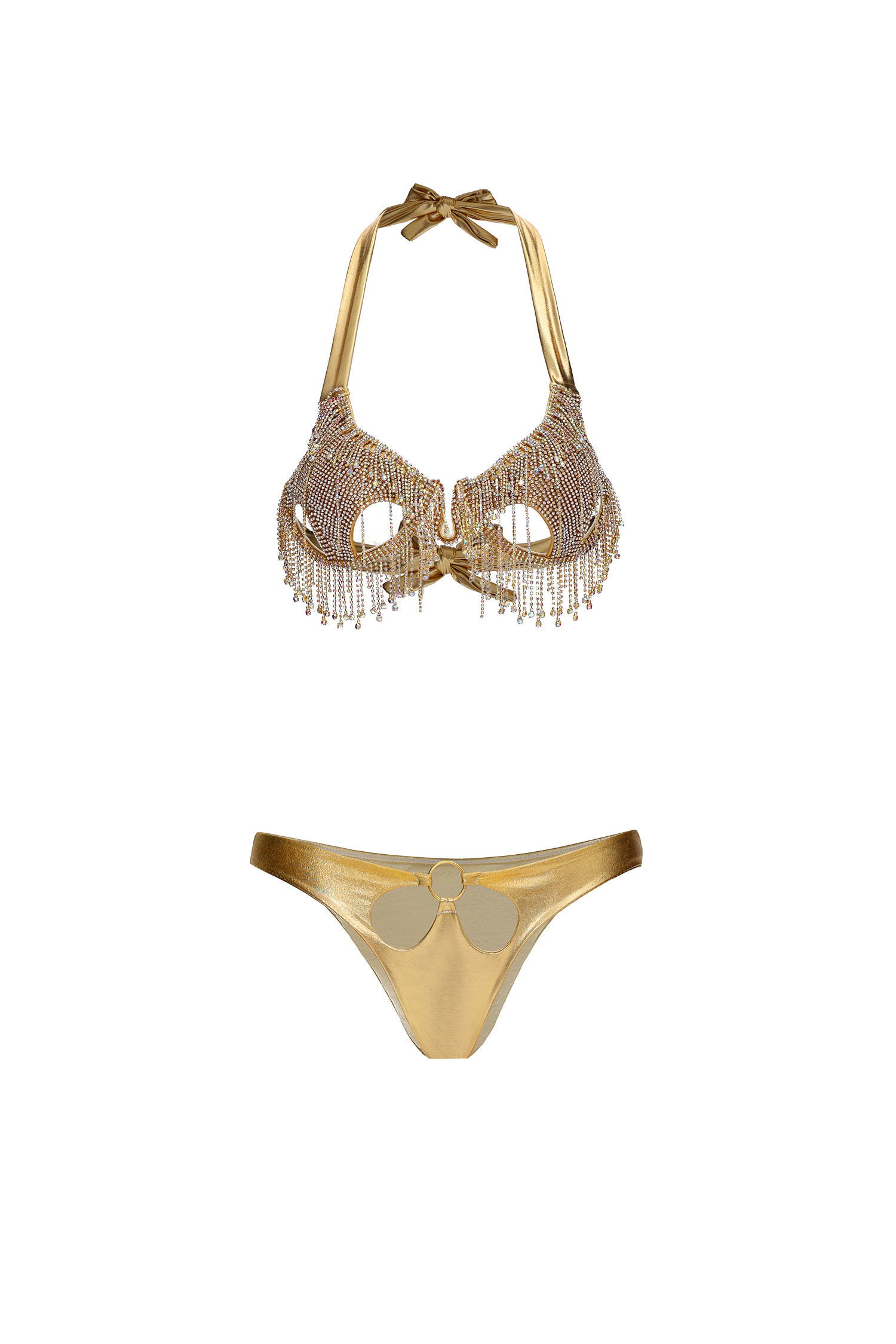 Vernes Glamorous Rhinestone Fringe Cut Out Metallic Bikini Set