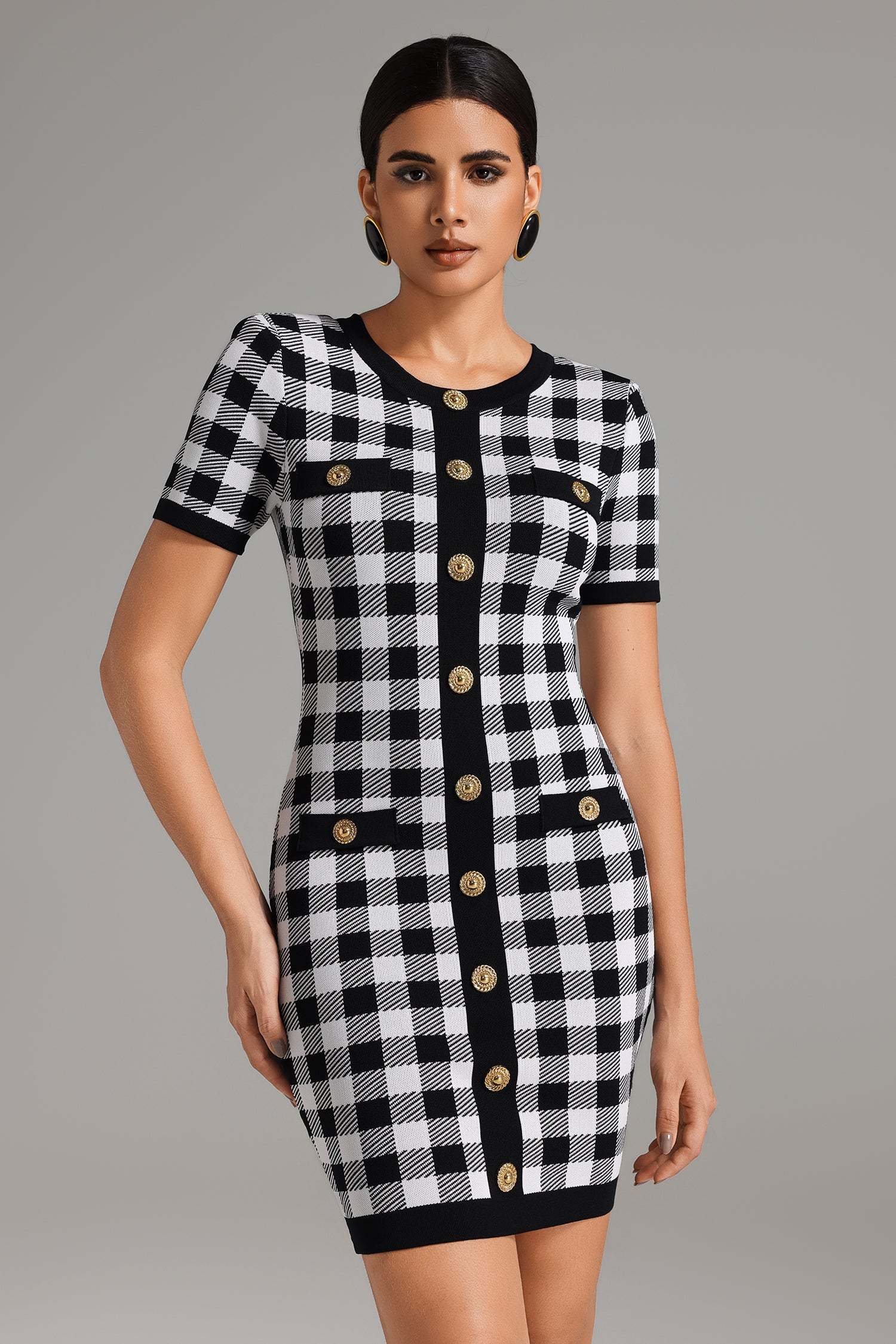 Yaloru Plaid Knitted Mini Dress