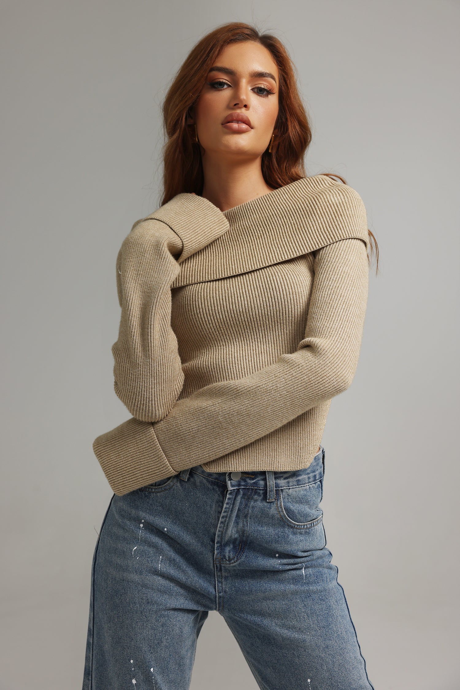 Tan off 2025 shoulder sweater