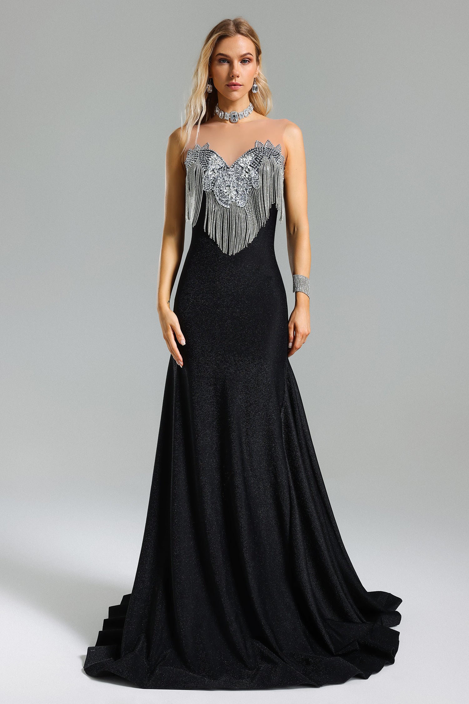 Yeney Diamante Fringe Maxi Dress
