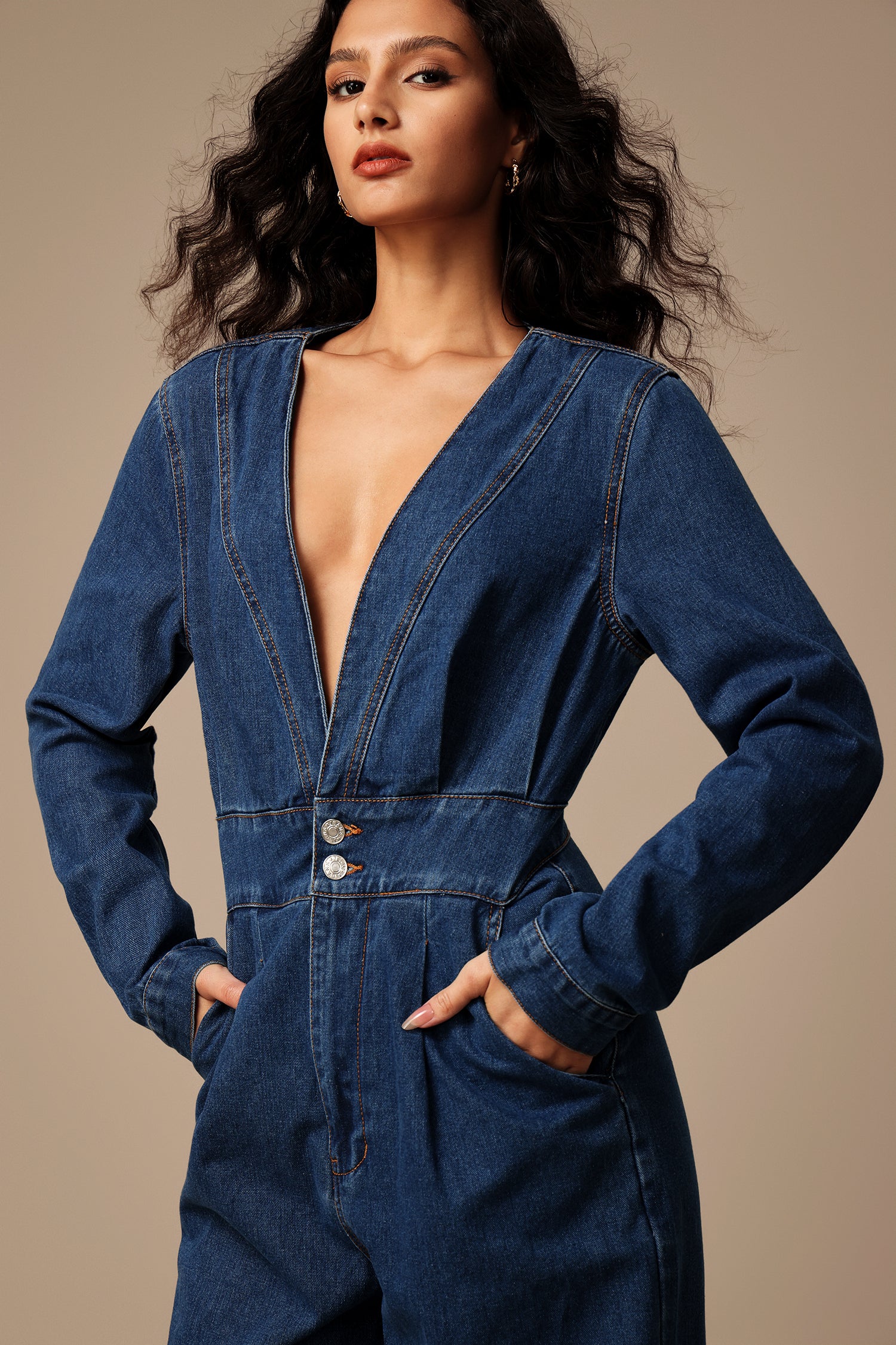 Zaysha Deep V Long Sleeves Denim Jumpsuit Bellabarnett