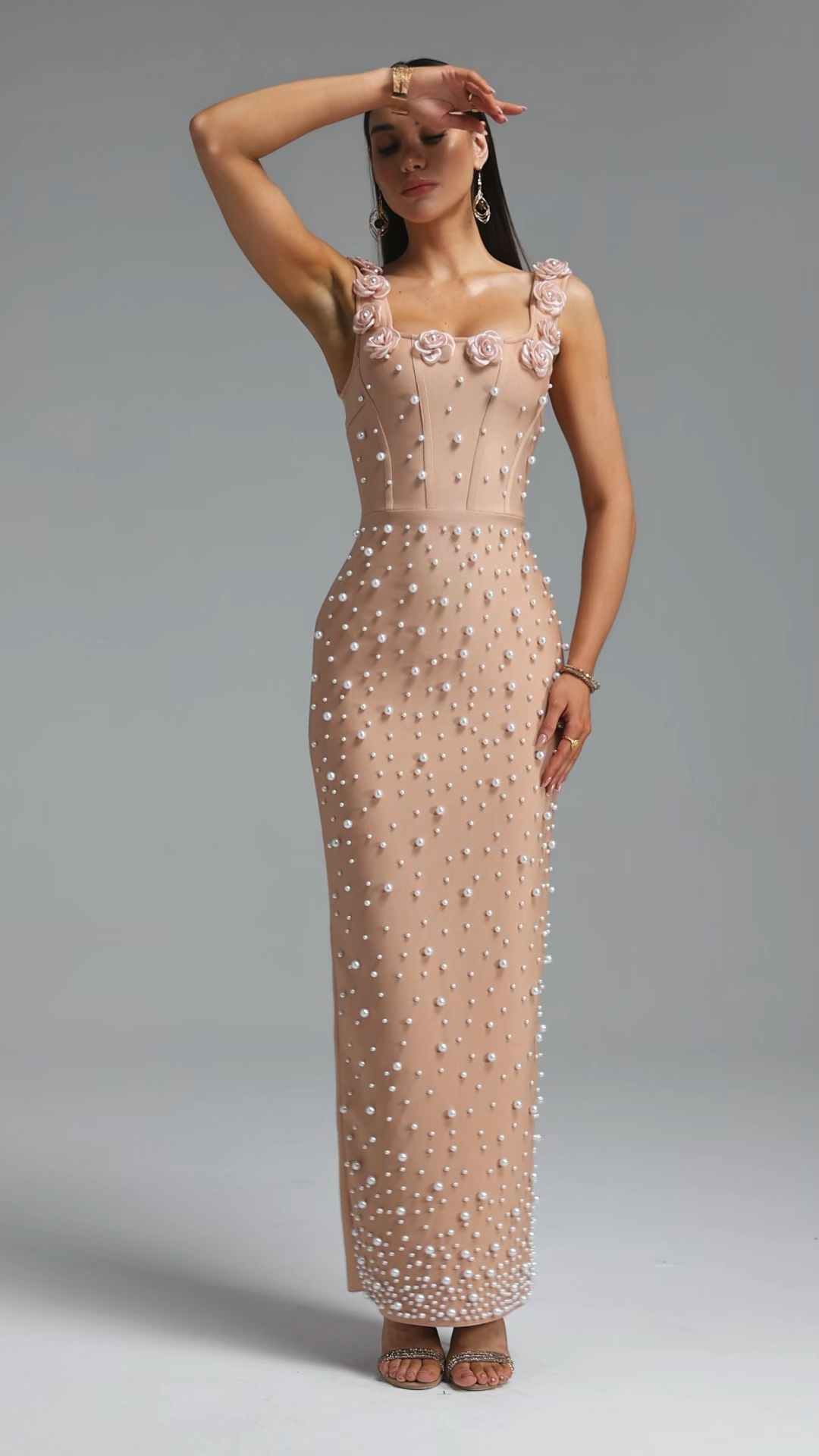 Shea Elegant Contour Square Neck Floral Pearl Bandage Beige Maxi Dress