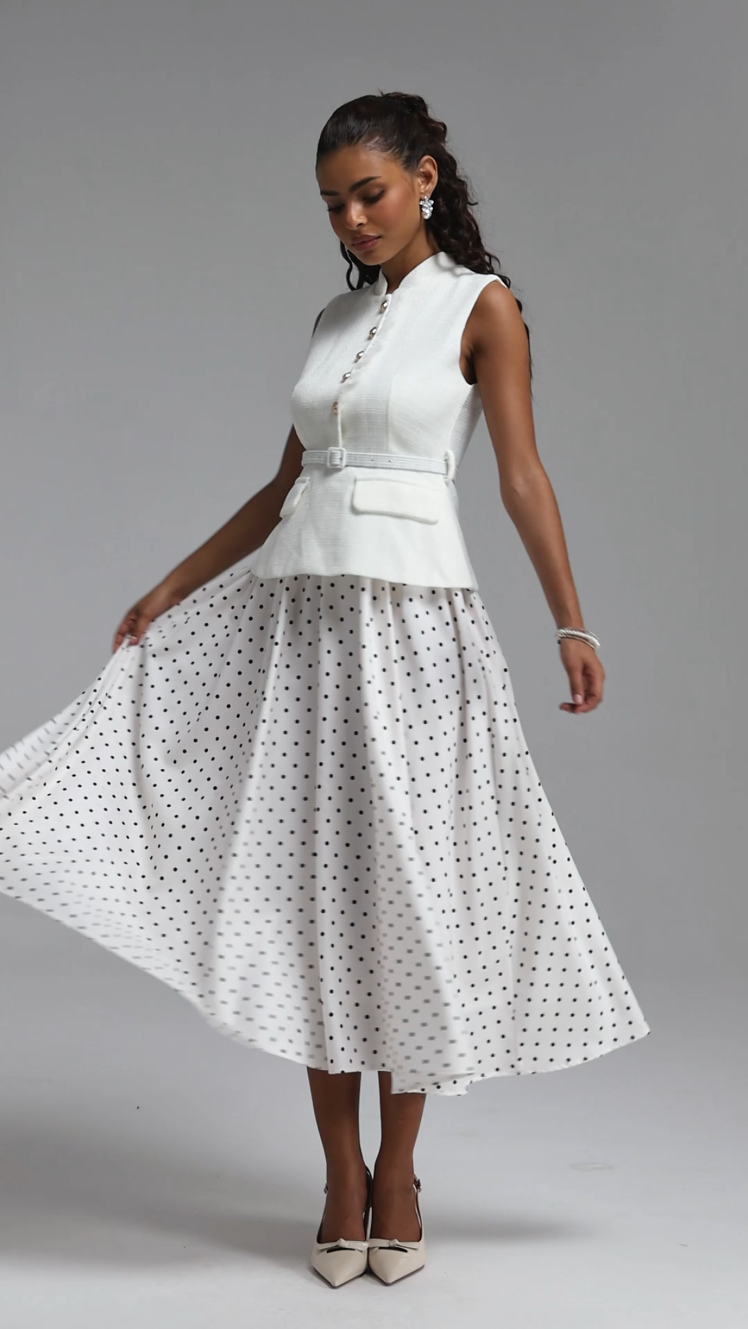 Trudie Classic Tailored Faux Two Piece Polka Dot Woven Maxi Dress